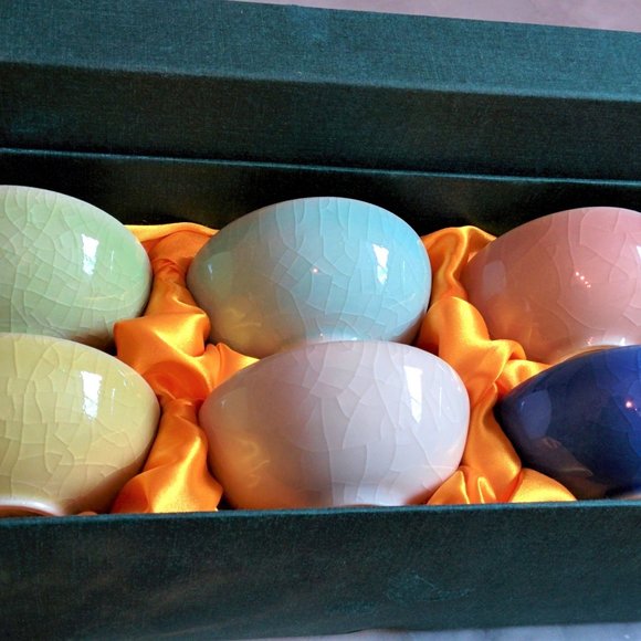 Sold~NEW Boxed Crackle Glaze Chinese Ceramic Tea Cups Total 9 pcs Seal Marks - Picture 2 of 8